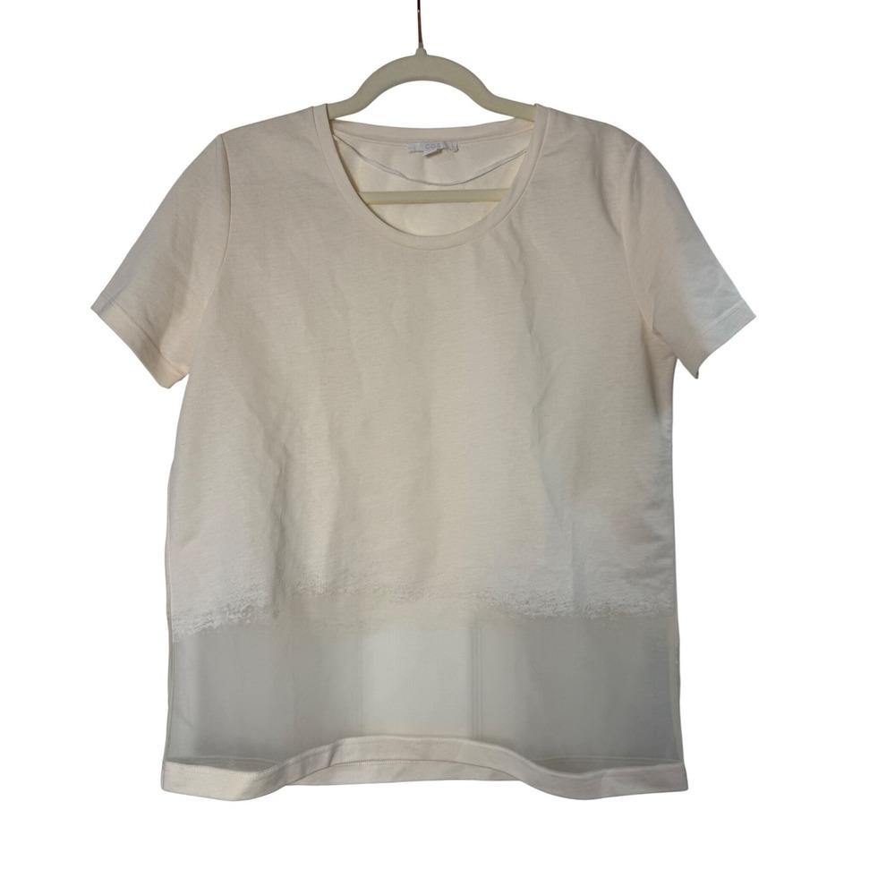 COS Burn Out Mesh Hem T-Shirt Women Medium Cream Excellent Short Sleeve Mixed